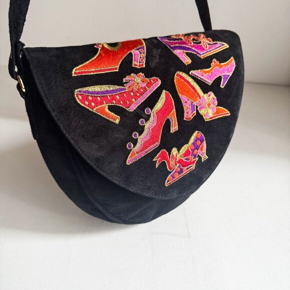 Vintage J. Renee Black Suede Shoe Embroidered Oval Crossbody Bag - Picture 6 of 12